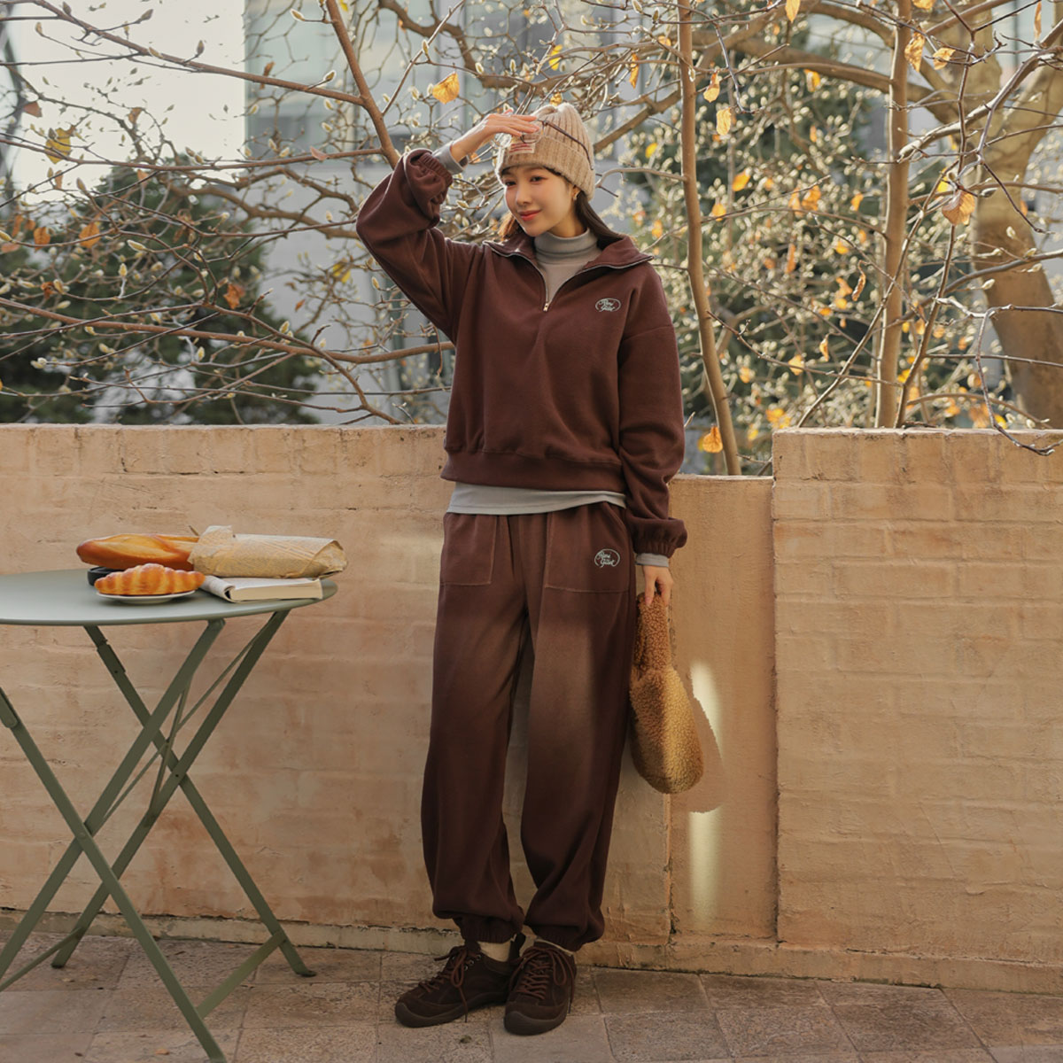 Camping fleece half-zip top and bottom set