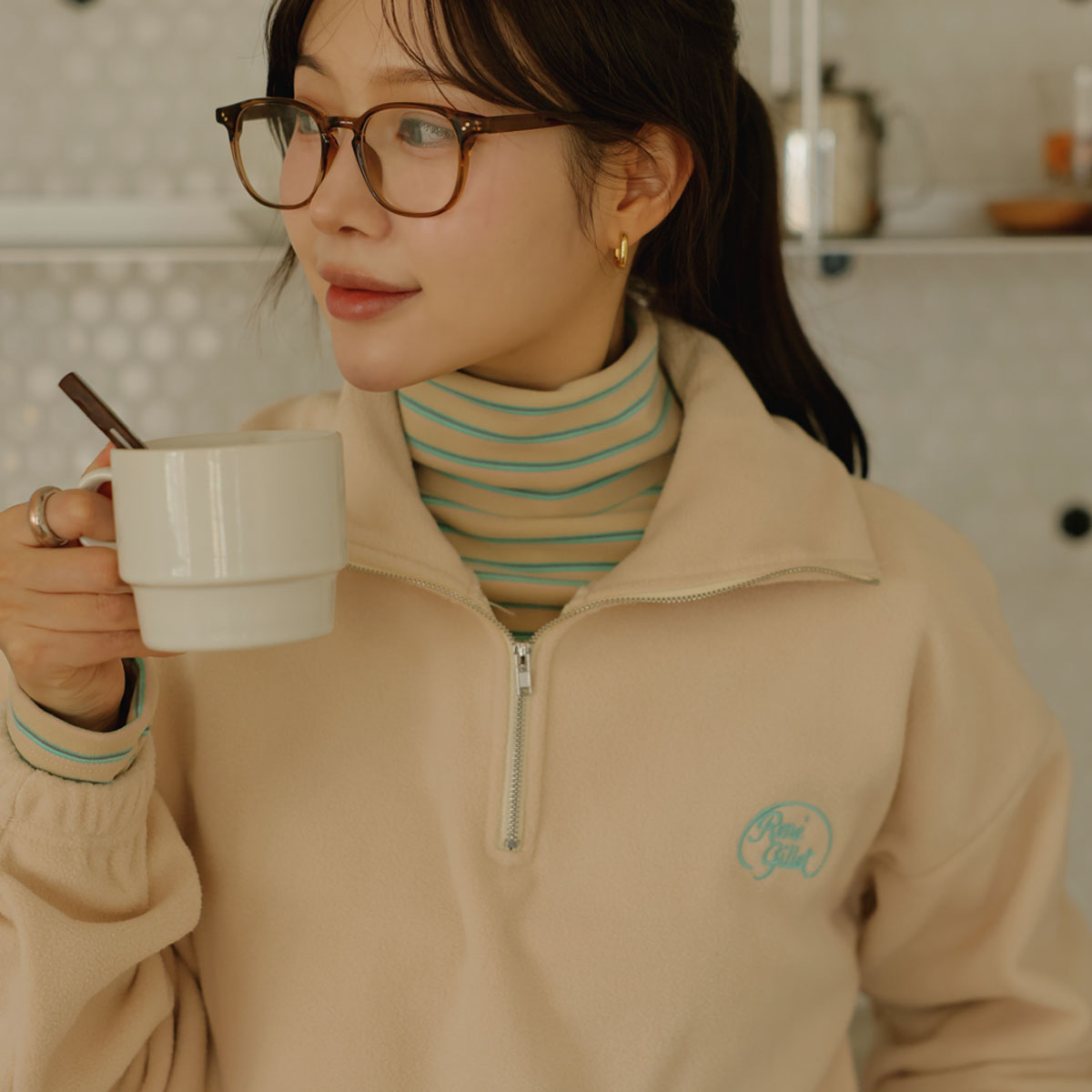 Camping fleece half-zip top and bottom set