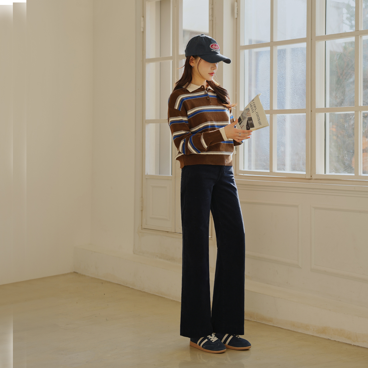 Belly fat cover semi-bootcut corduroy pants