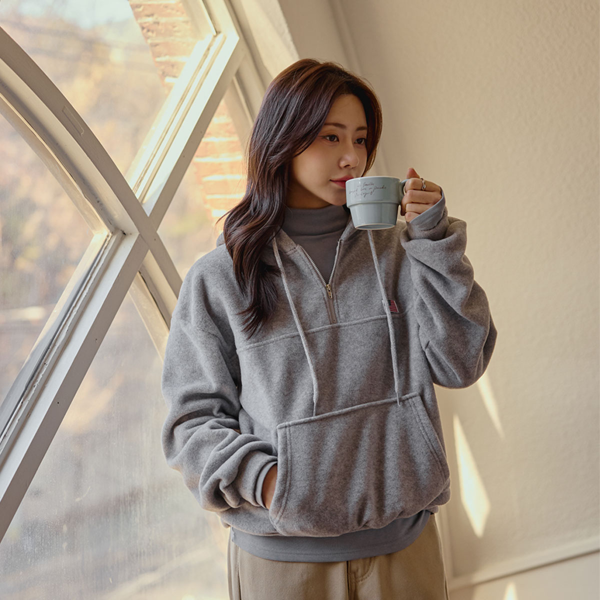 Warm Half Zip-Up Fleece Hoodie