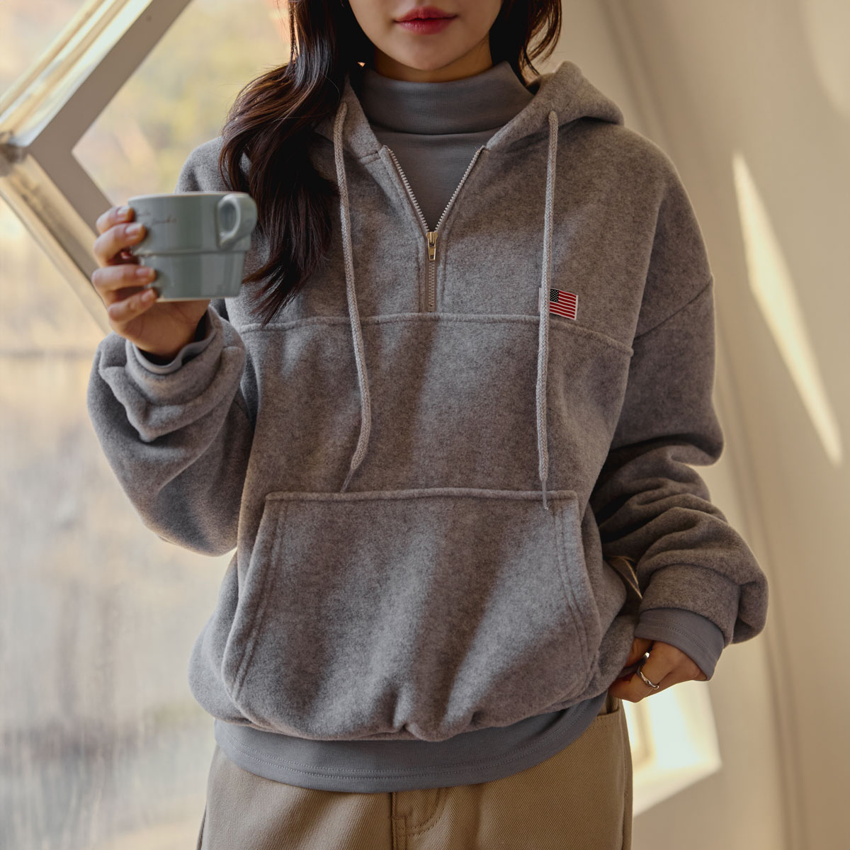 Warm Half Zip-Up Fleece Hoodie