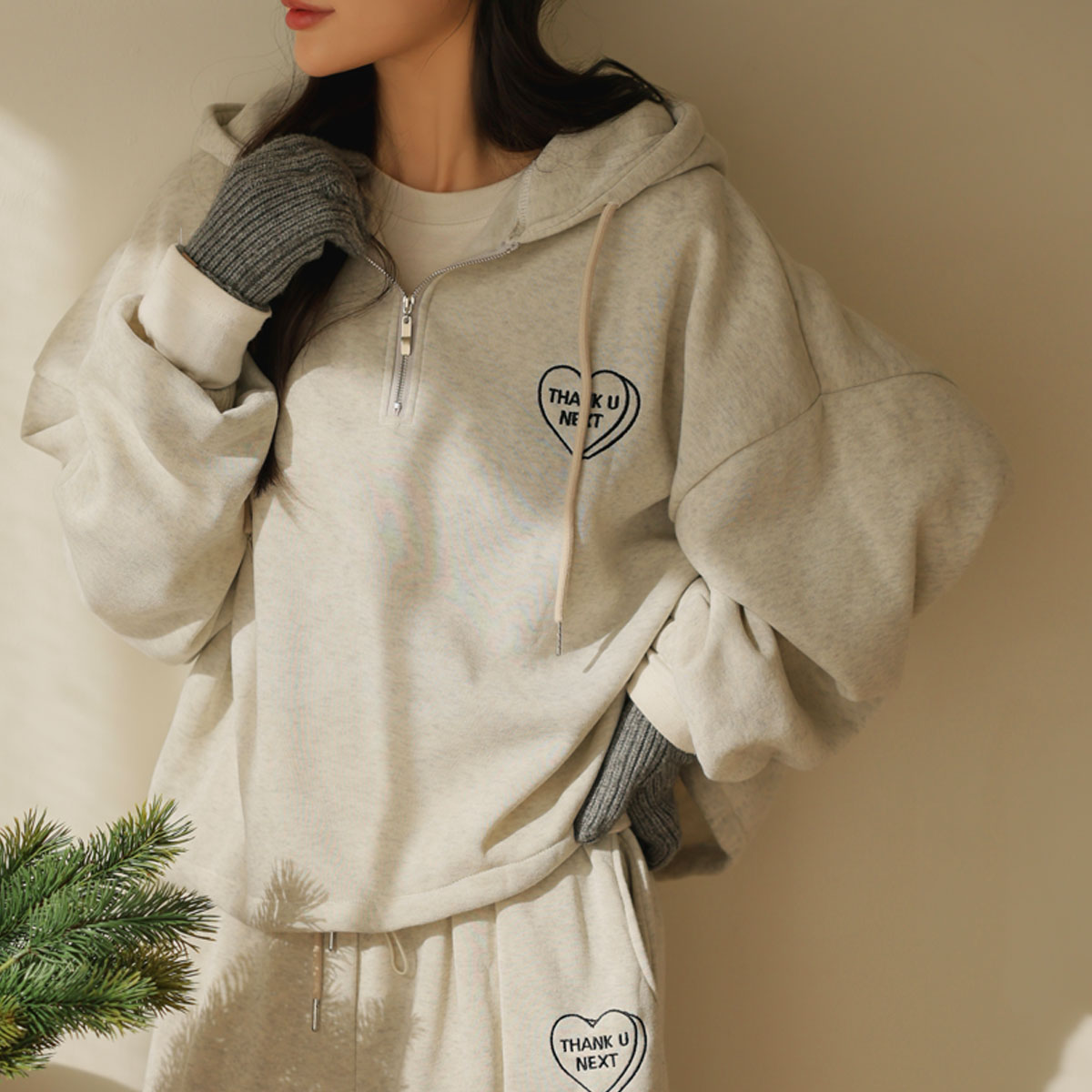 heart hooded jogger fleece top and bottom set