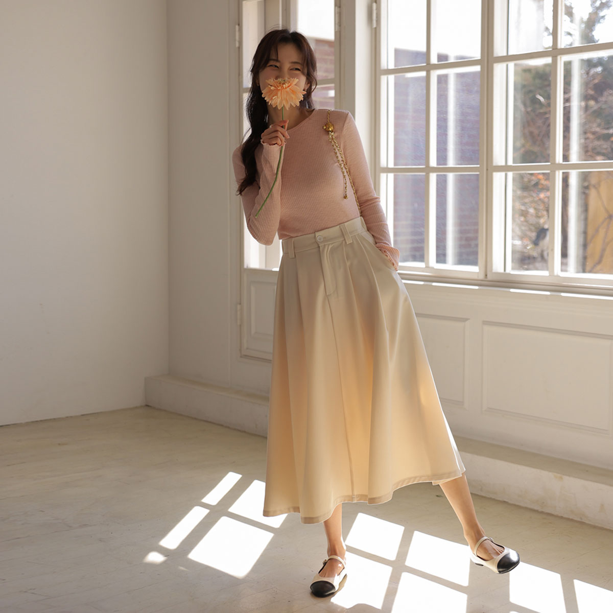 <b>[Limited Quantity SALE]</b> 2-Type Shirring Flare Banding Skirt