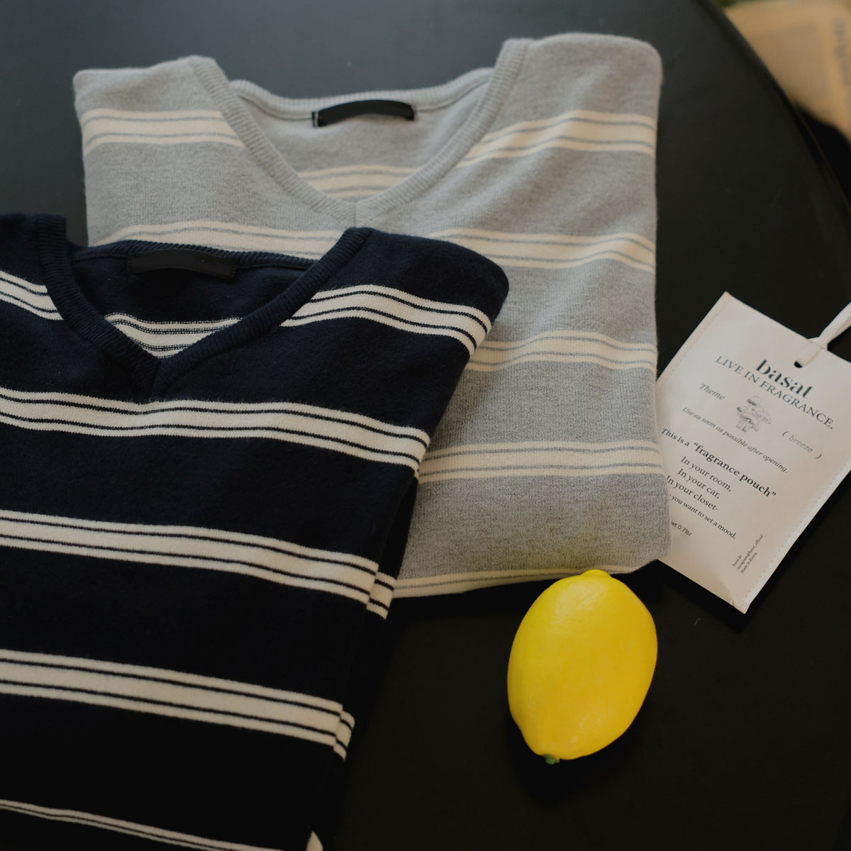 Sand V-neck striped knit