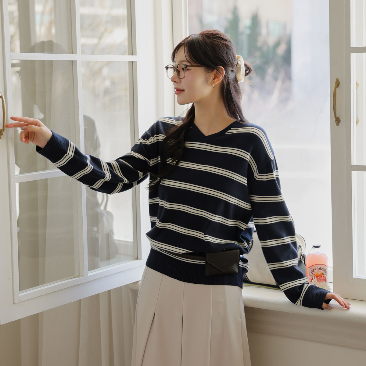 Sand V-neck striped knit