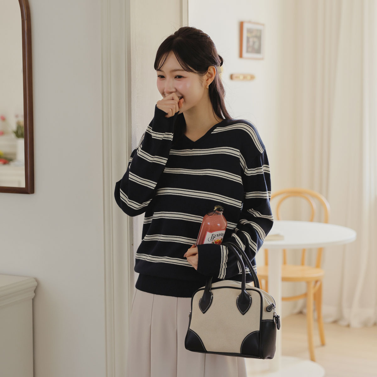 Sand V-neck striped knit