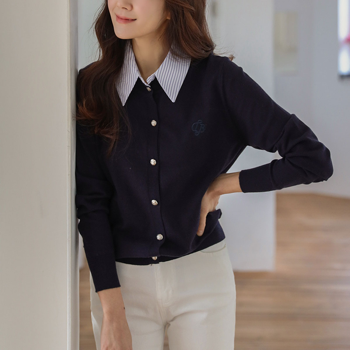 royal shirt layered knit cardigan