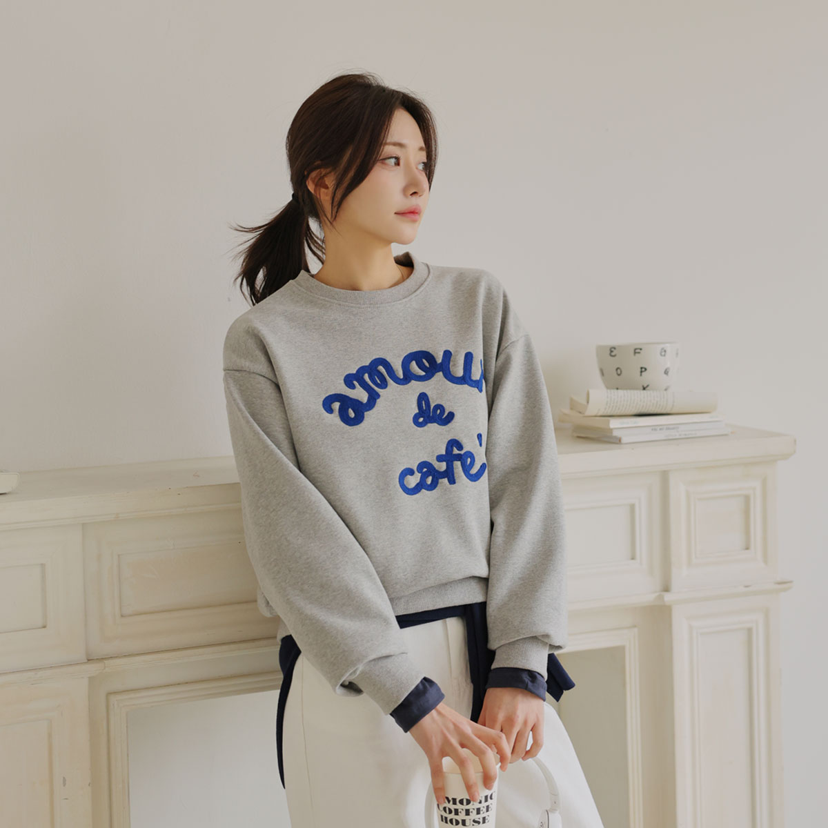 Cafe embroidery chuli man-to-man