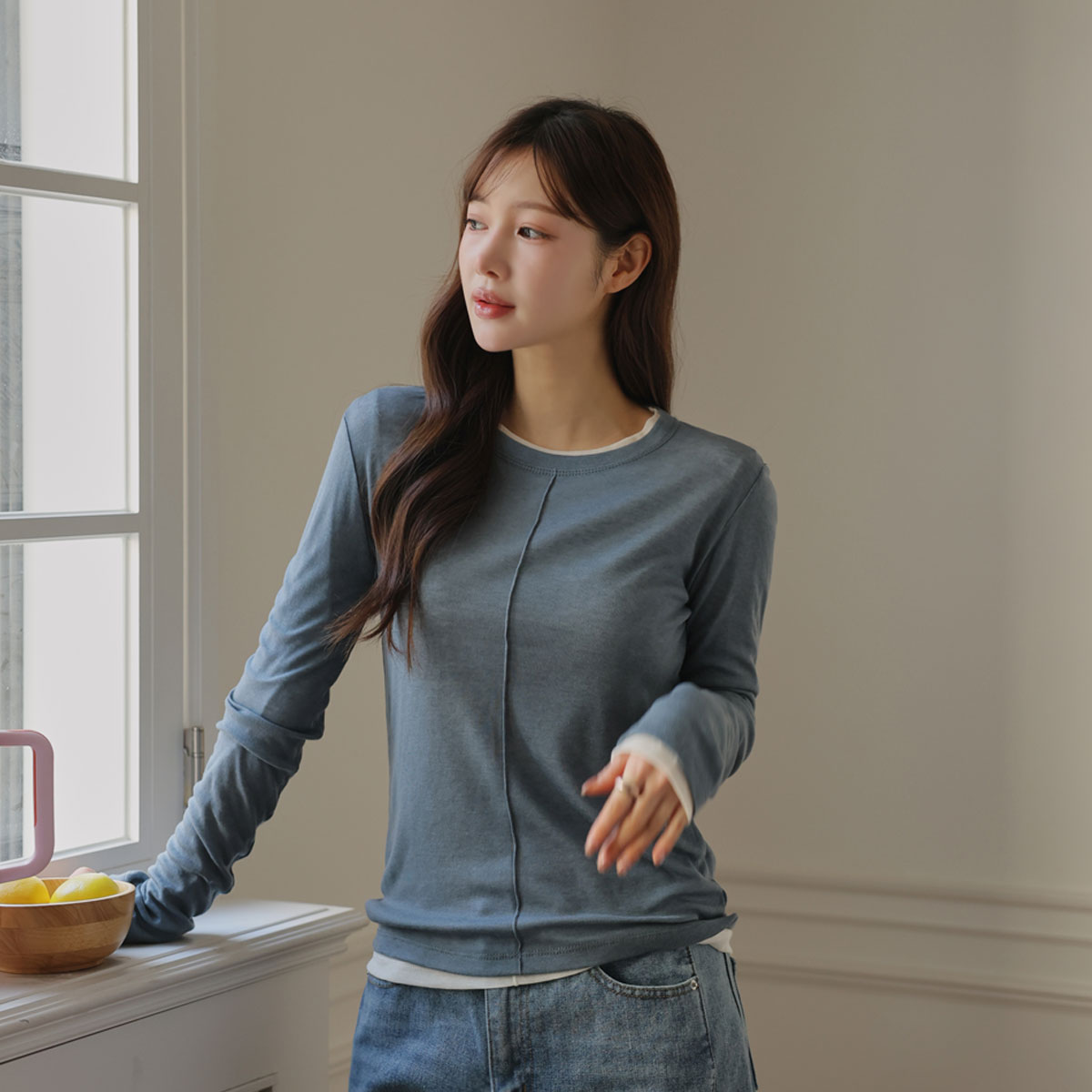 Lyocell Wool Pintuck Slim Round Tee