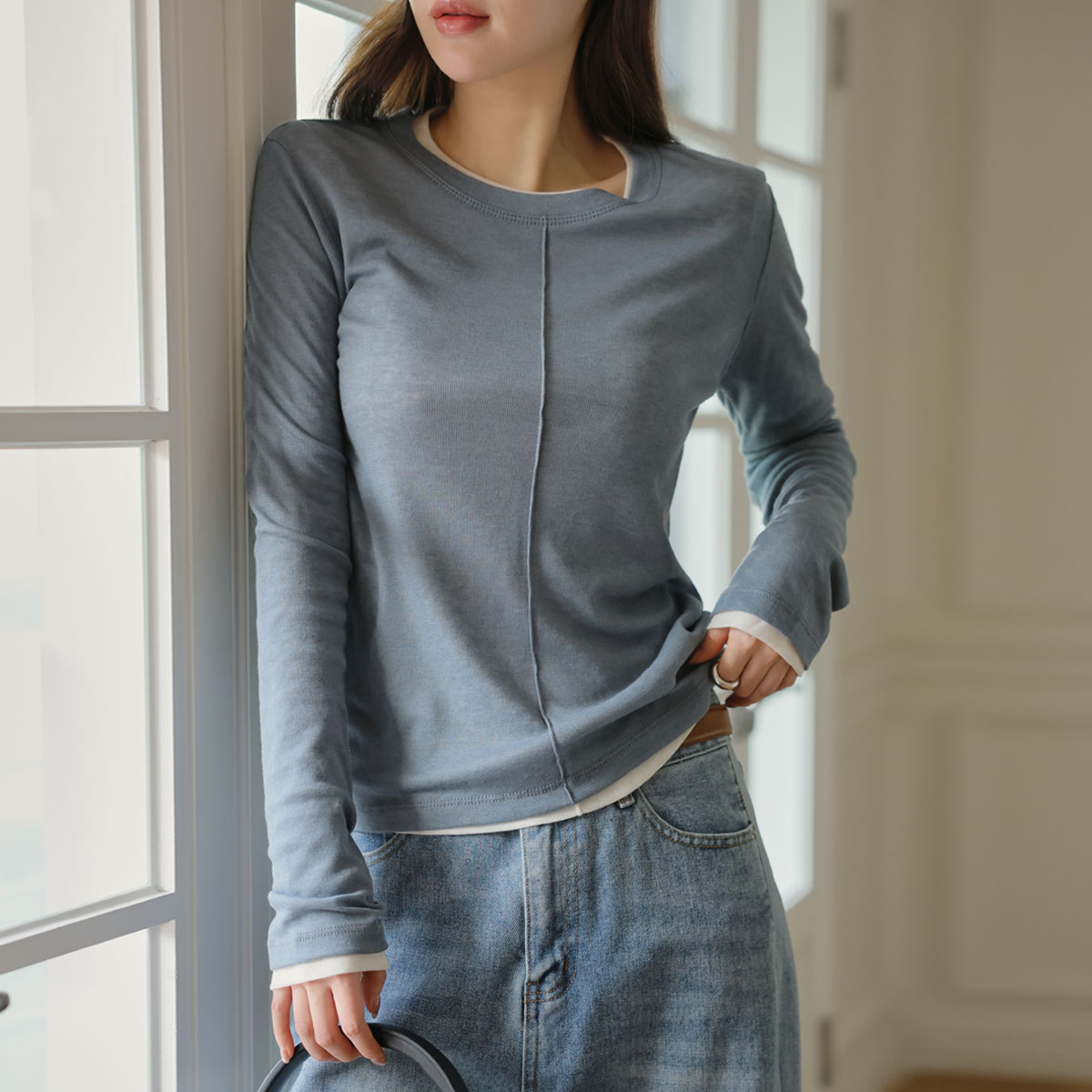 Lyocell Wool Pintuck Slim Round Tee