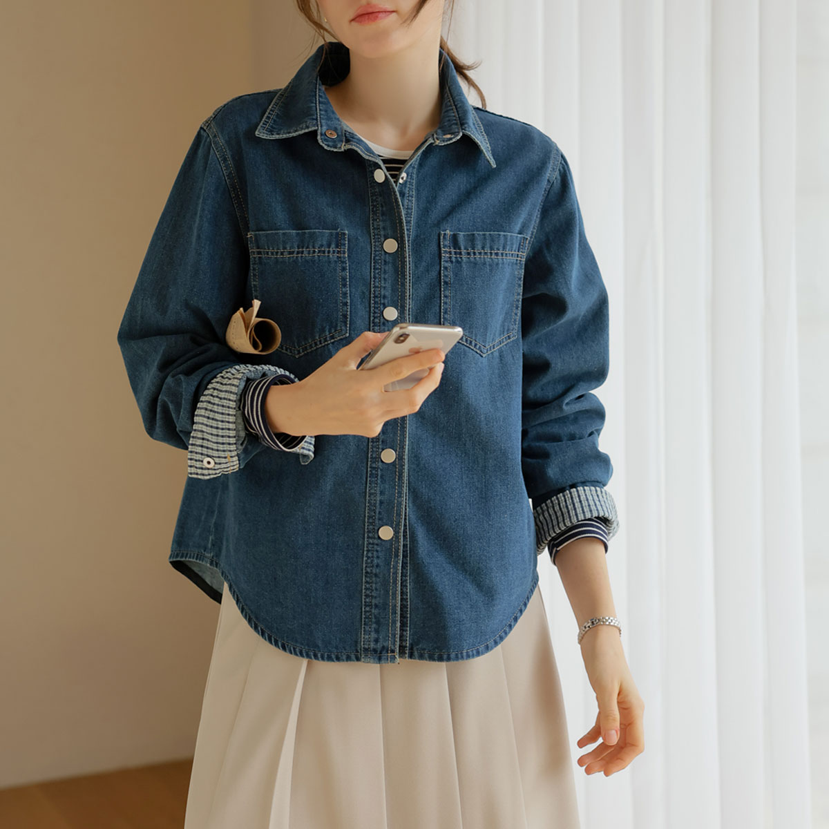 Soft check color blocking blue jeans