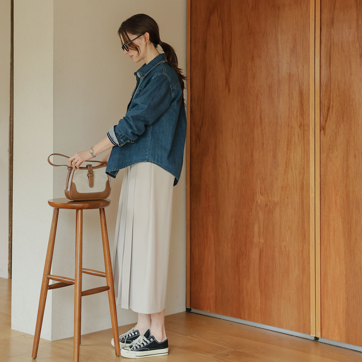 Soft check color blocking blue jeans