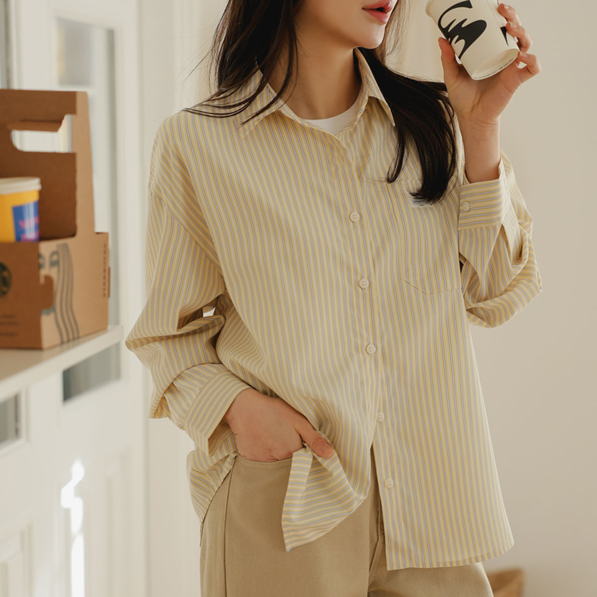 Pocket Label Color Striped shirt