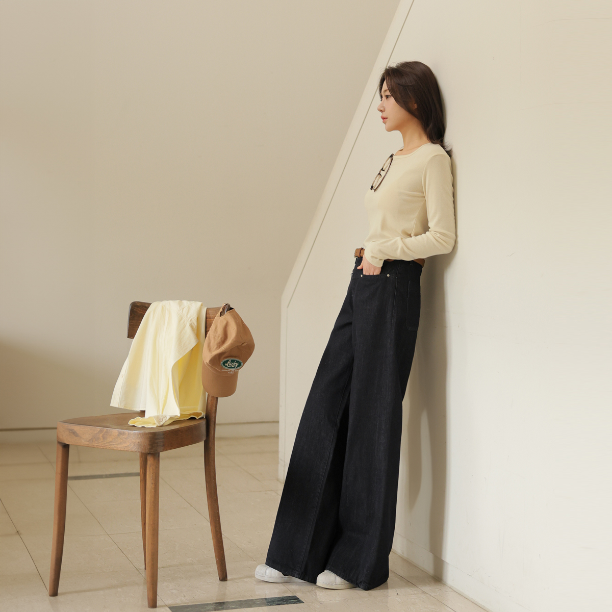 Non-fade hidden pocket wide raw denim pants