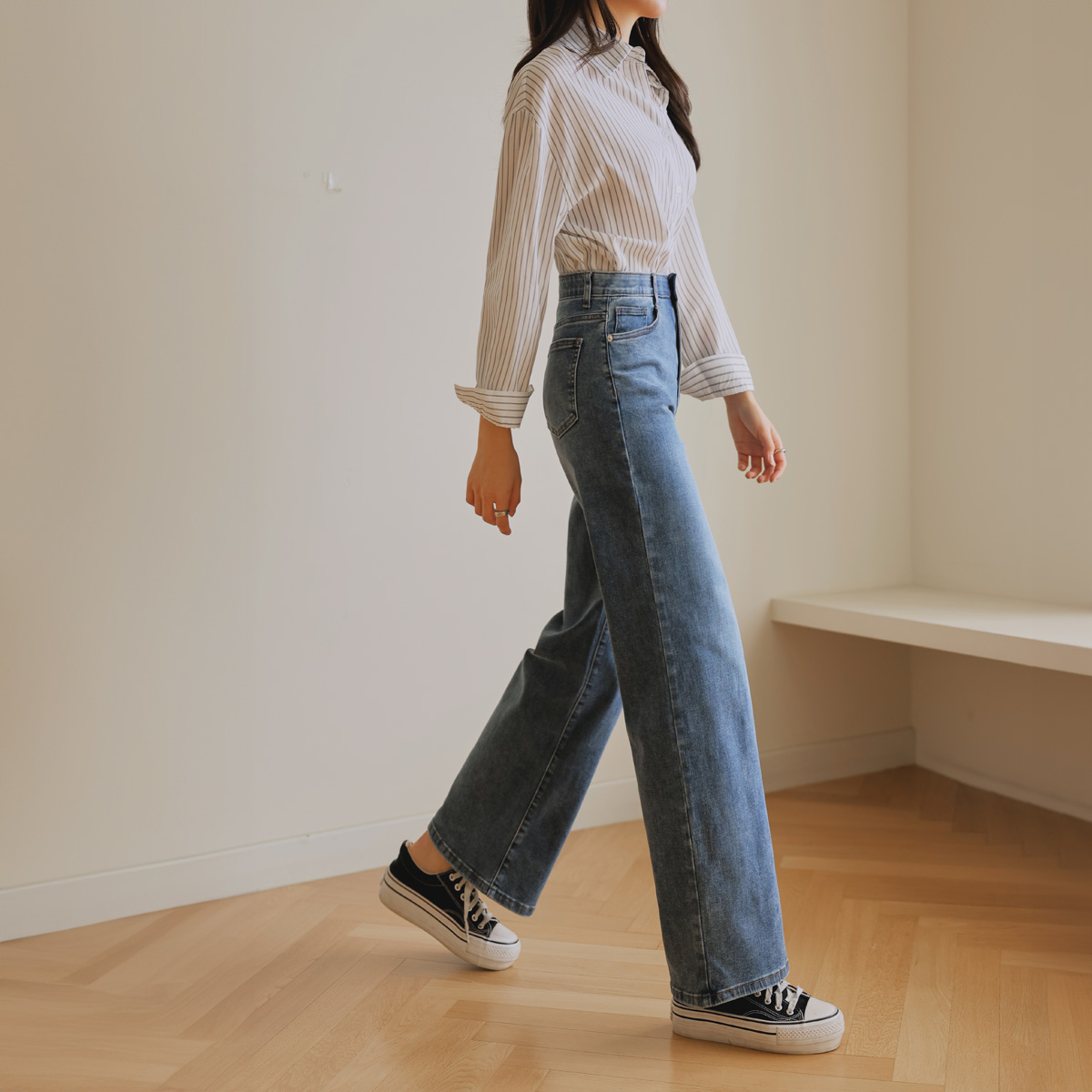 <b>[Hidden Waist Banding]</b> 2-Type Jelly Tension Wide Straight Fit Denim