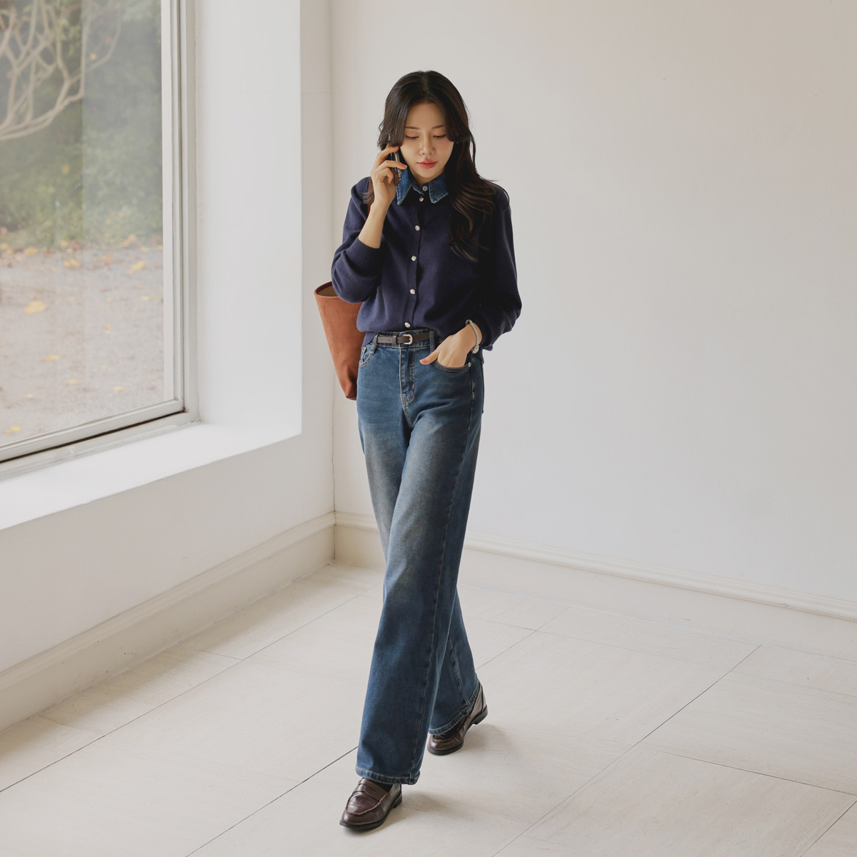 <b>[Hidden Waist Banding]</b> 2-Type Jelly Tension Wide Straight Fit Denim