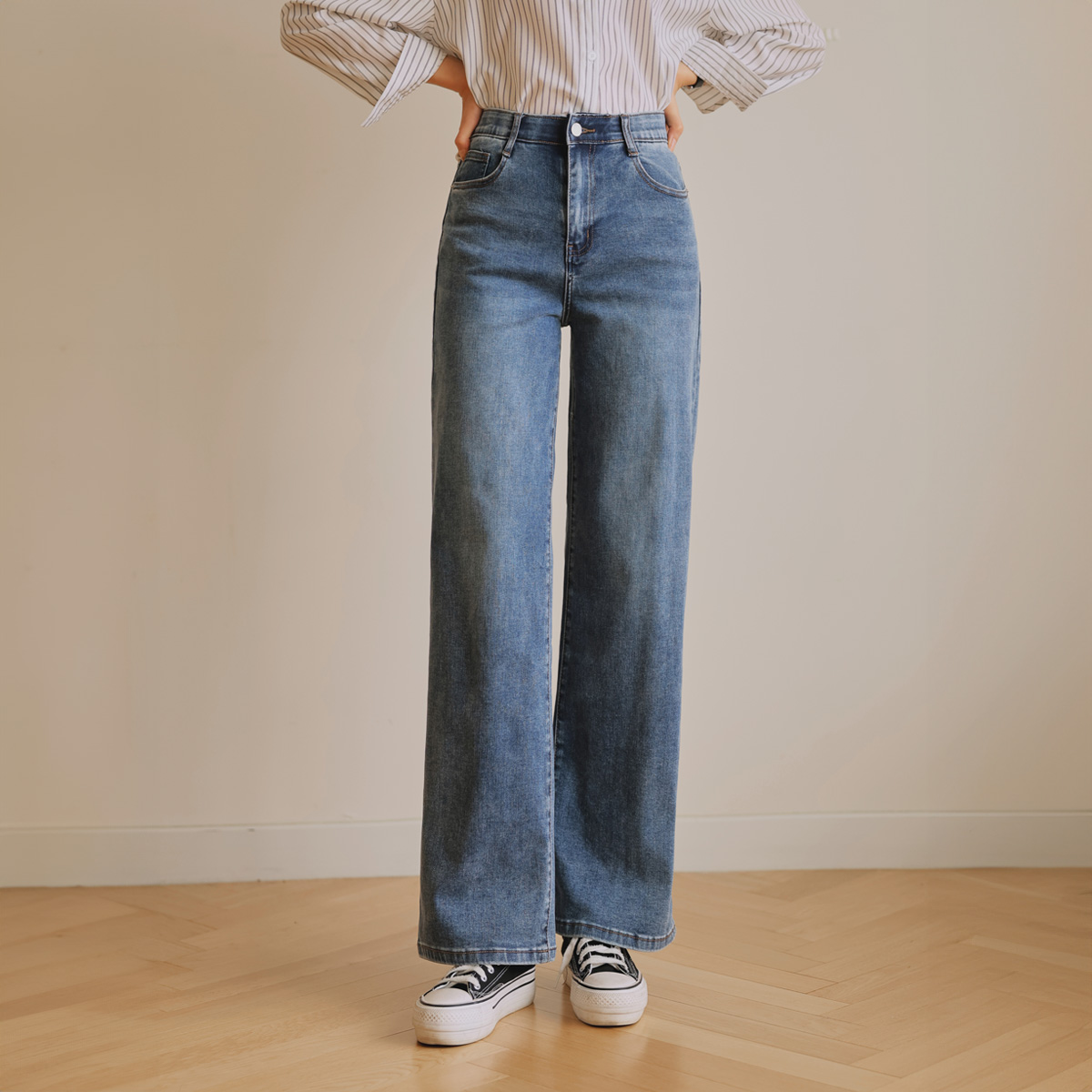 <b>[Hidden Waist Banding]</b> 2-Type Jelly Tension Wide Straight Fit Denim