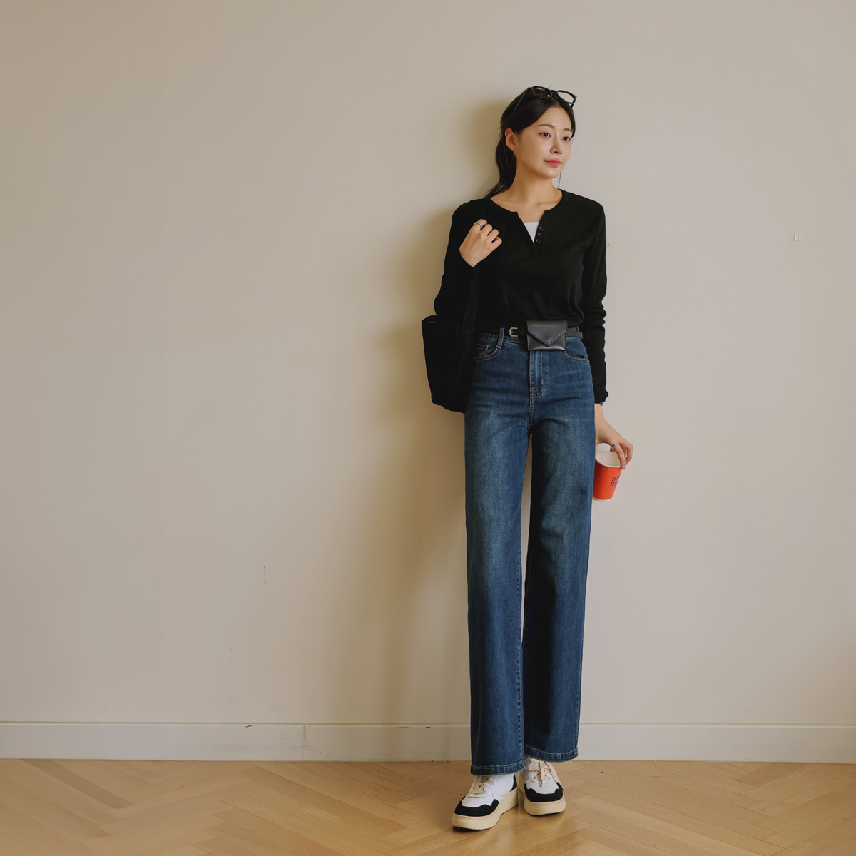 <b>[Hidden Waist Banding]</b> 2-Type Jelly Tension Wide Straight Fit Denim