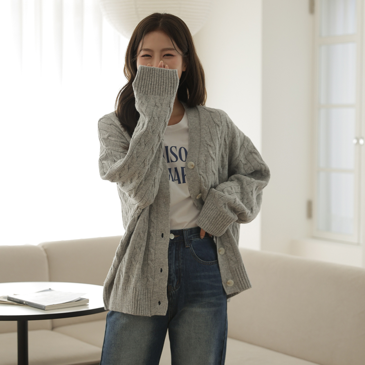 <b>[Limited Quantity SALE]</b> Hwituru loose fit cable cardigan