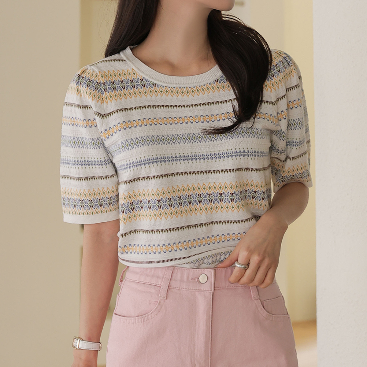 <b>[Limited Quantity SALE]</b> Ethnic Jacquard Short-Sleeve Knit