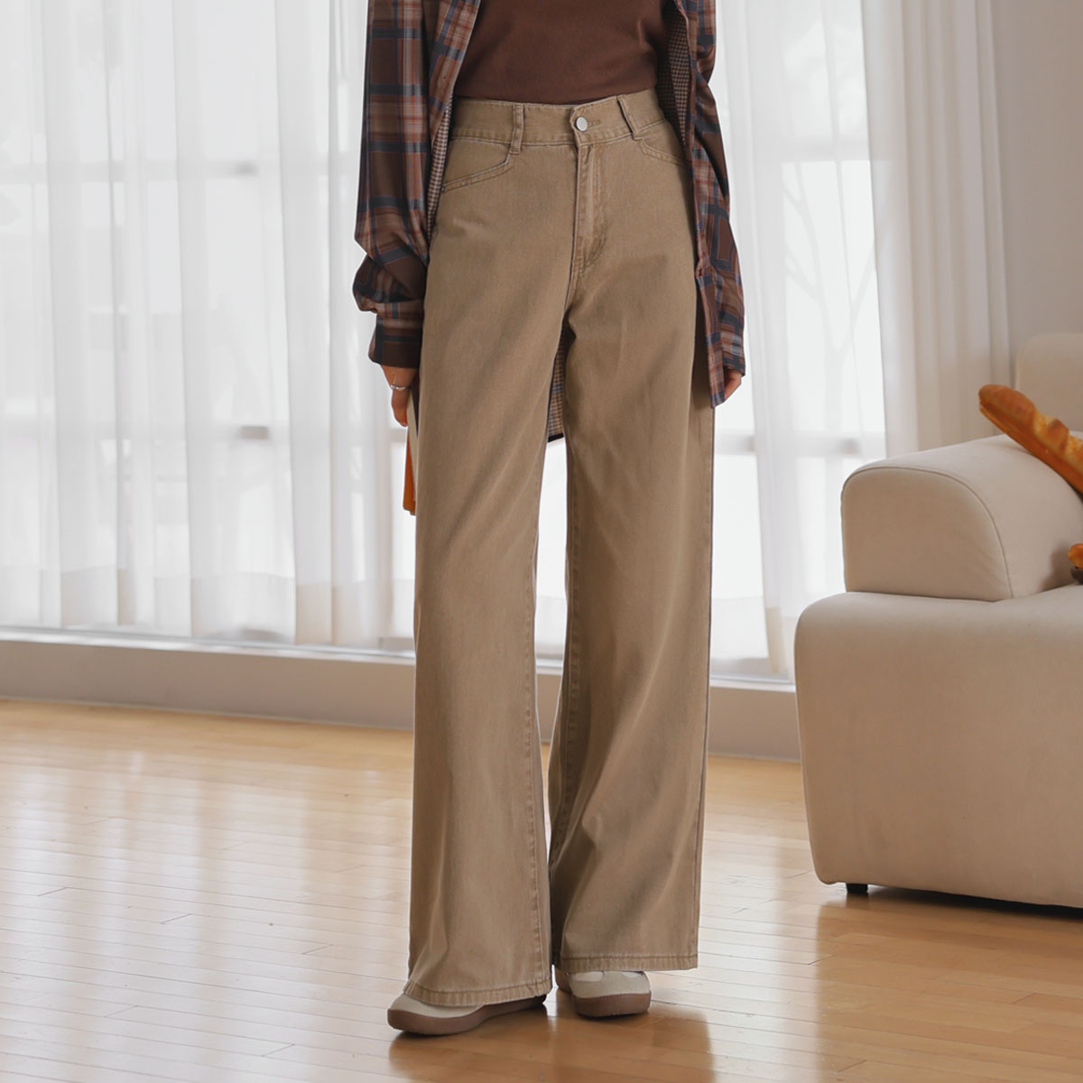 Back flap pocket wide cotton pants
