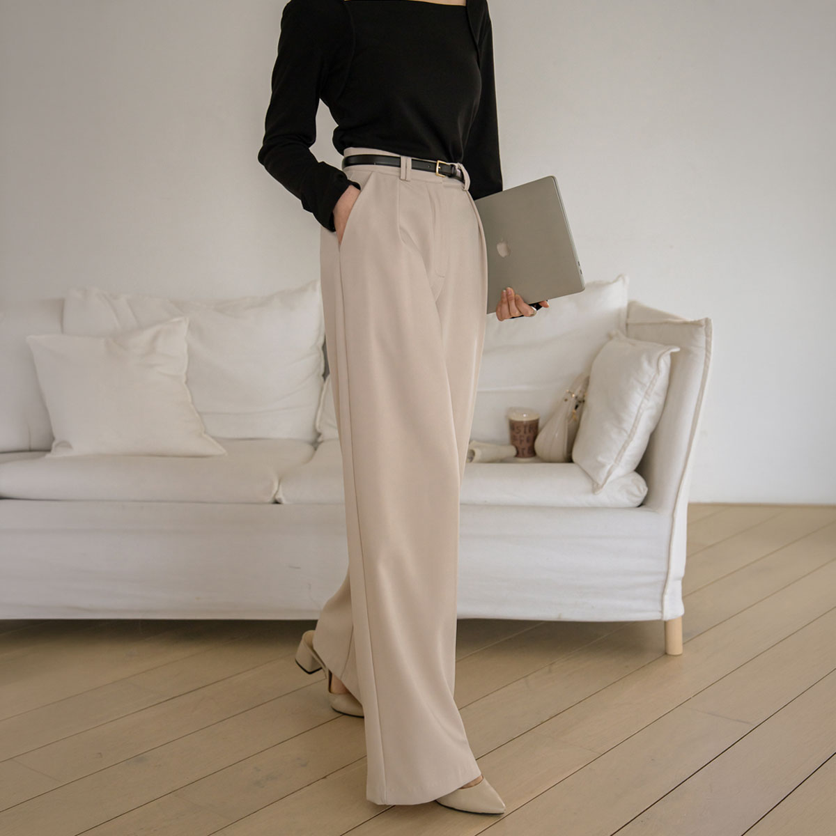 3TYPE Welt Pintuck Spandex Wide Slacks