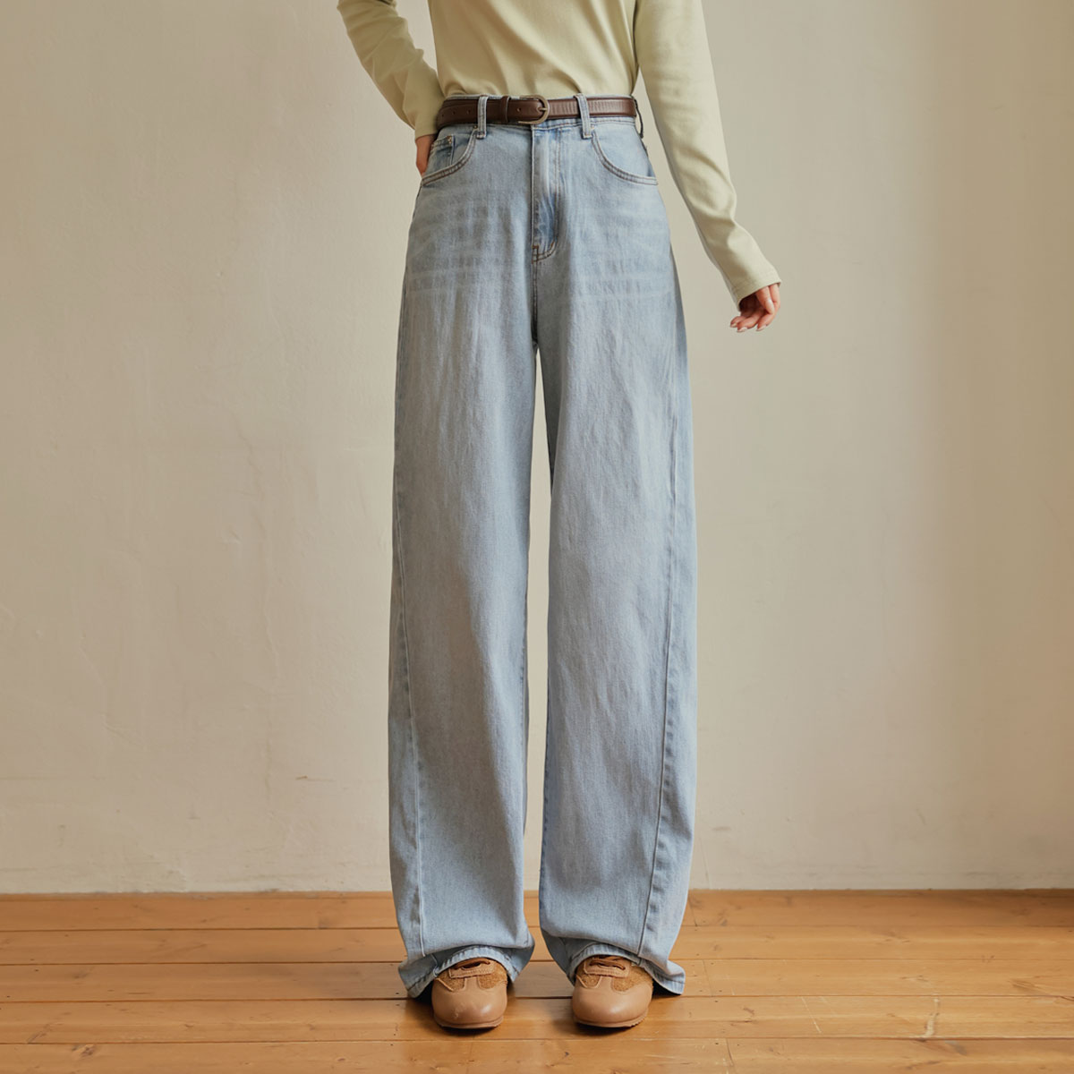 2-type optical illusion diagonal cut wide denim pants