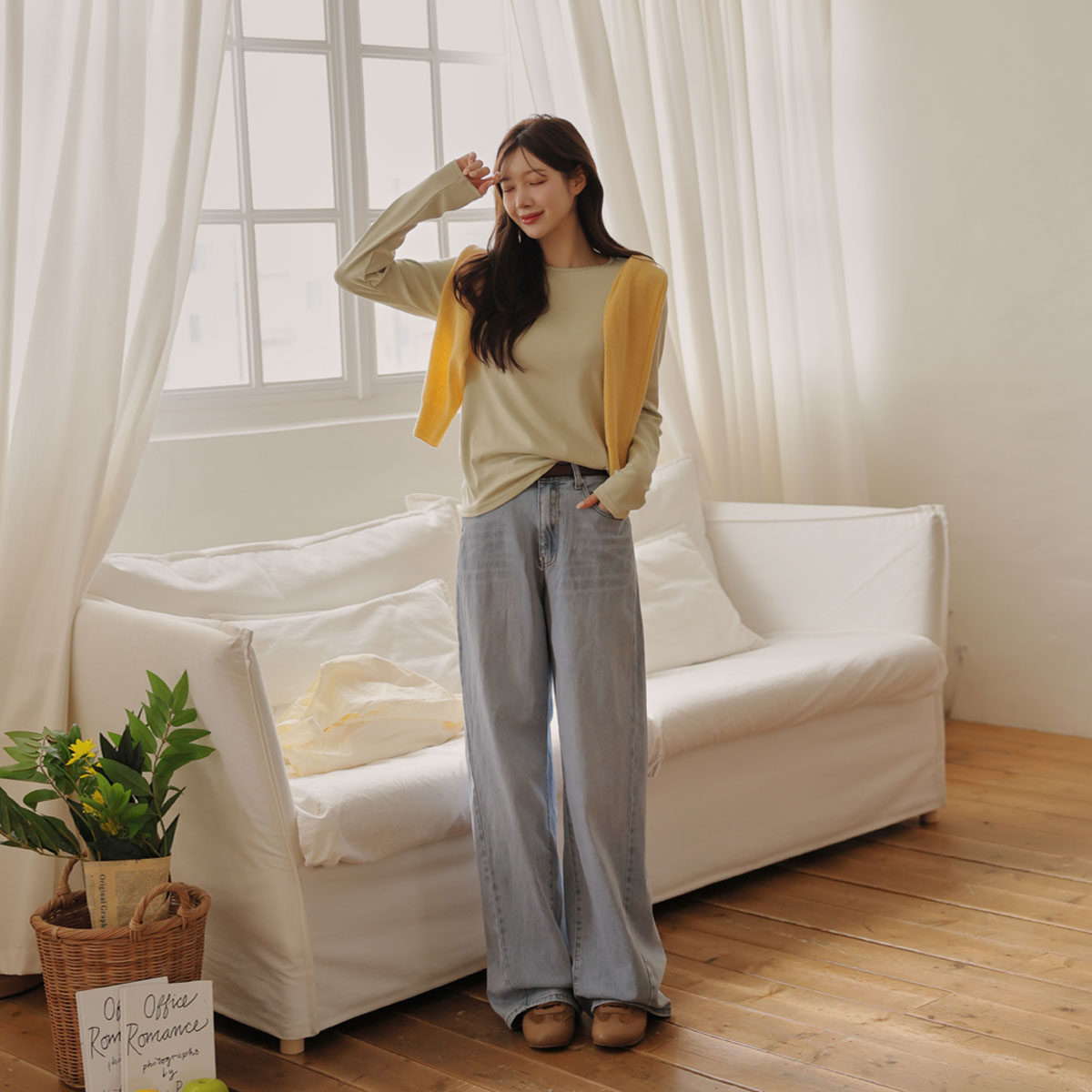 2-type optical illusion diagonal cut wide denim pants