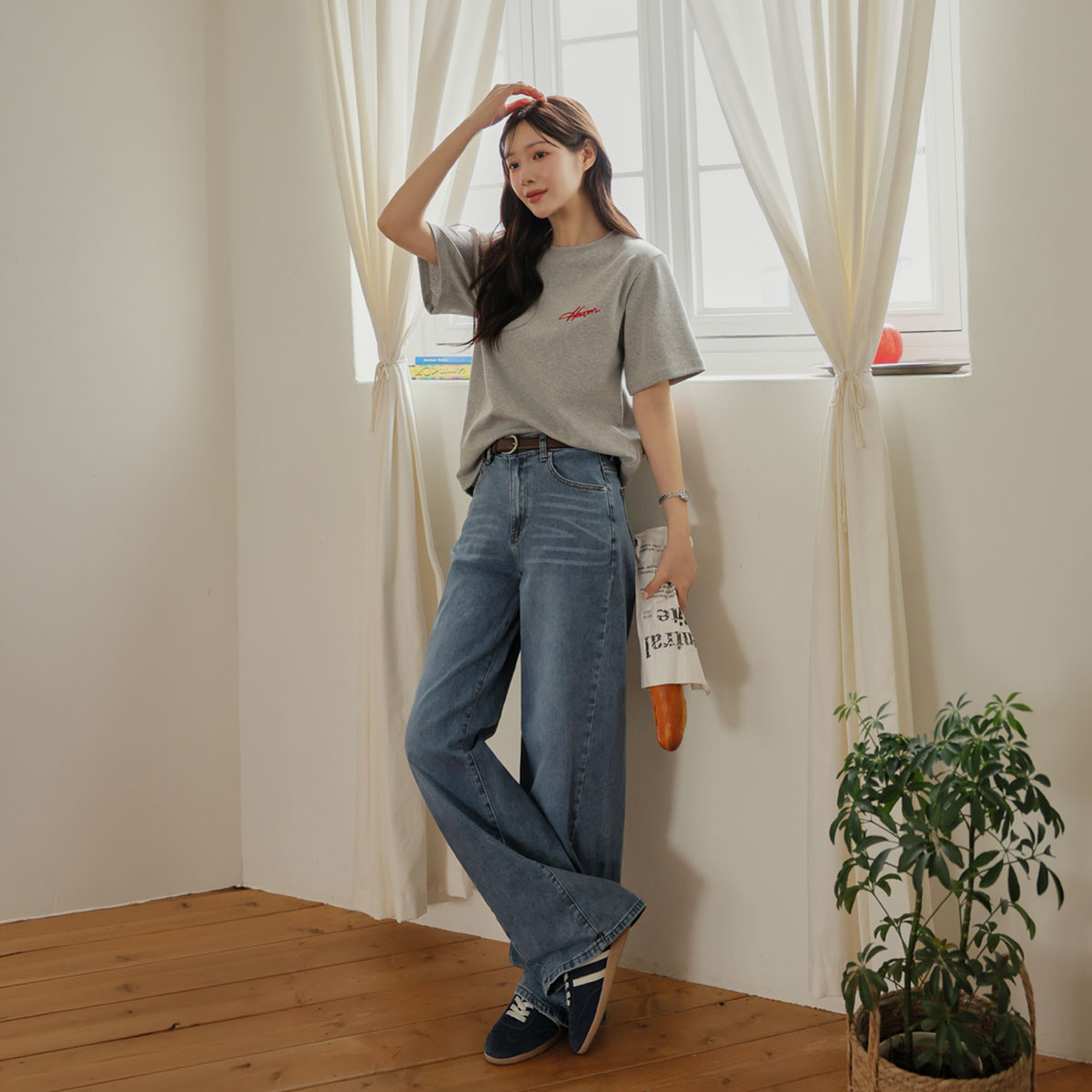 2-type optical illusion diagonal cut wide denim pants