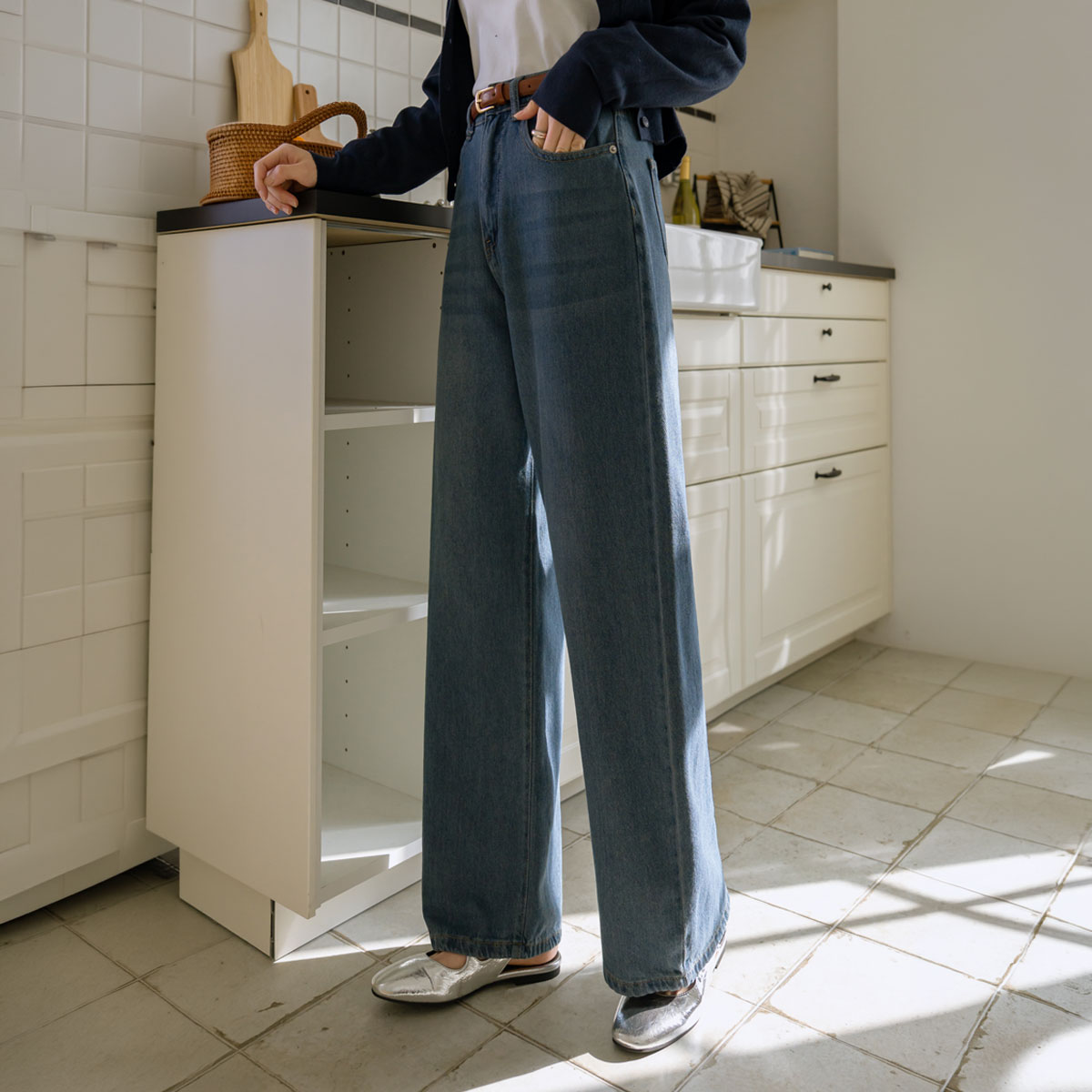 2-Type Linen-Like Lightweight Wide Denim Pants