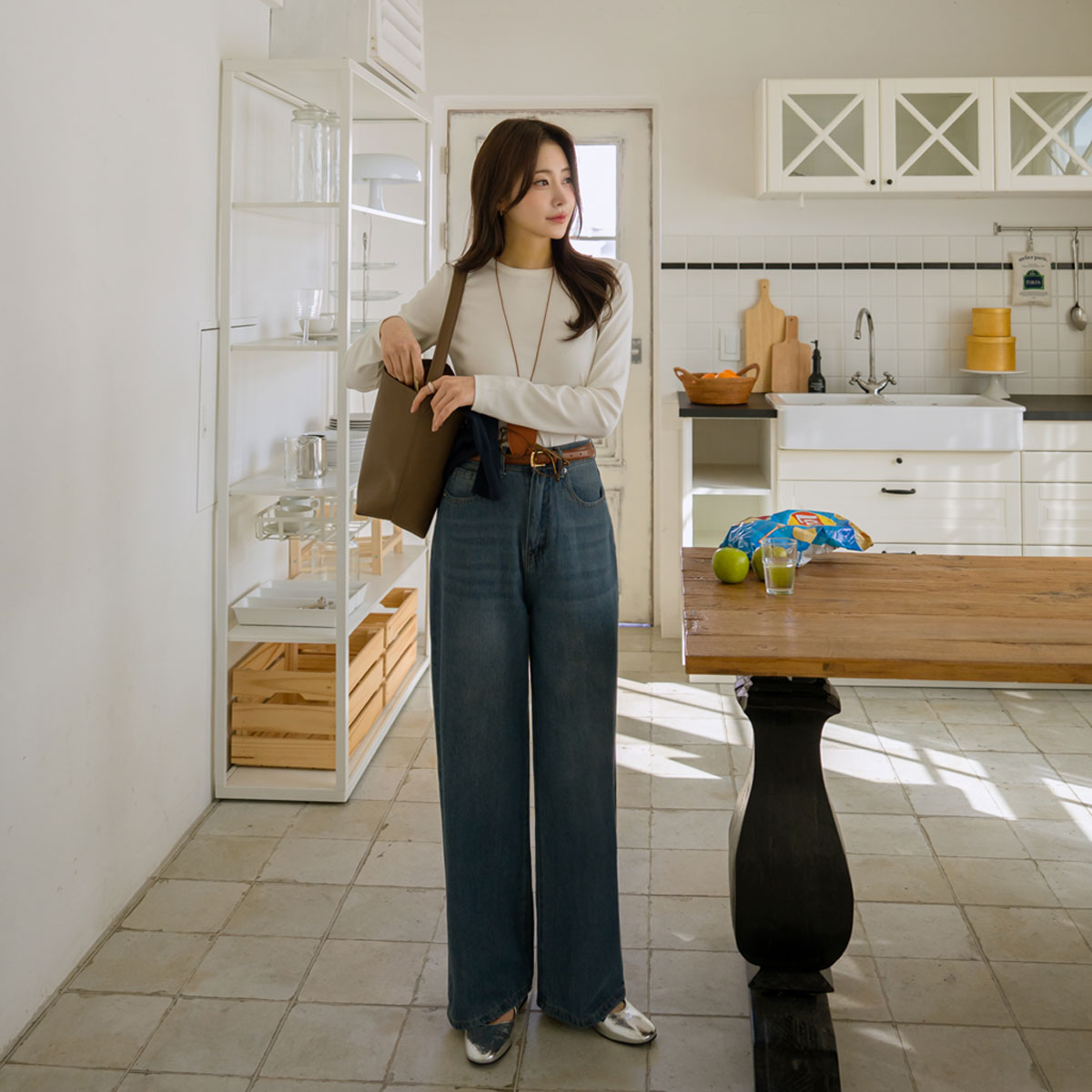 2-Type Linen-Like Lightweight Wide Denim Pants