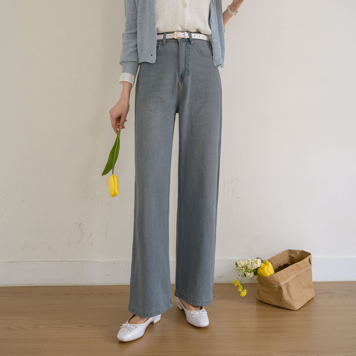 2-Type Linen-Like Lightweight Wide Denim Pants