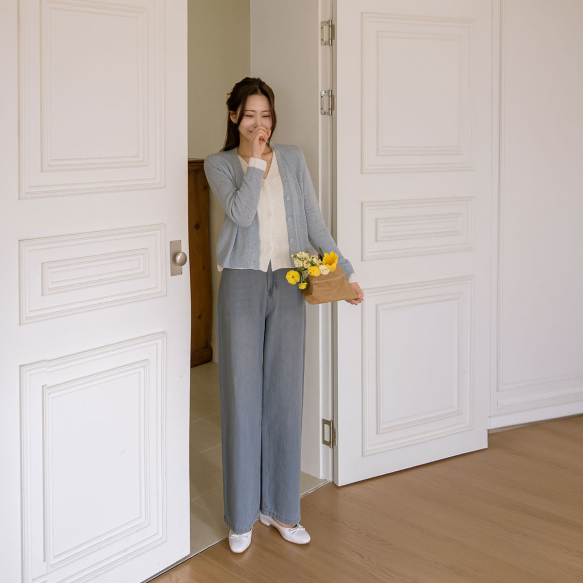 2-Type Linen-Like Lightweight Wide Denim Pants