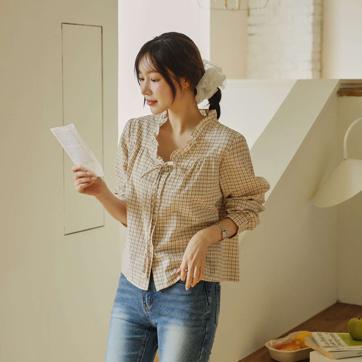 Poly Ribbon Check Blouse