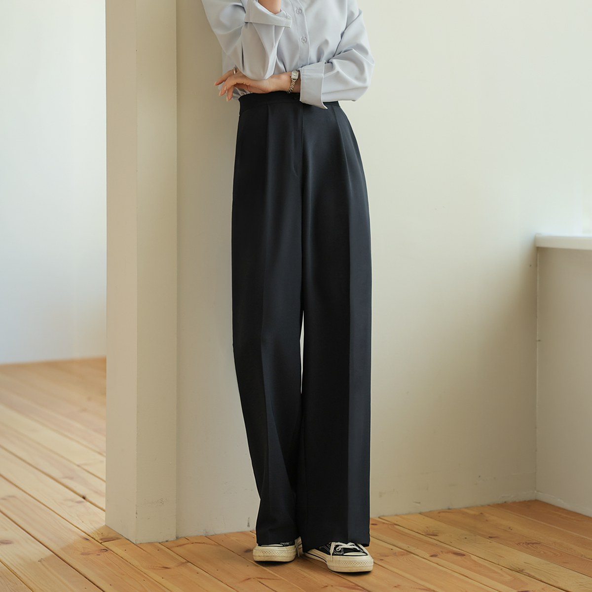 2-Type Pintuck Hidden Elastic Waist Wide Slacks