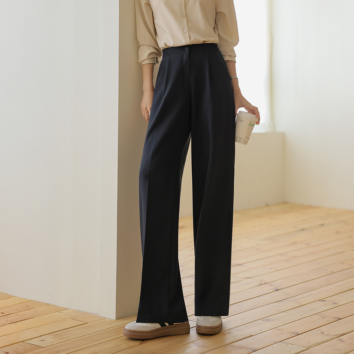 2-Type Pintuck Hidden Elastic Waist Wide Slacks