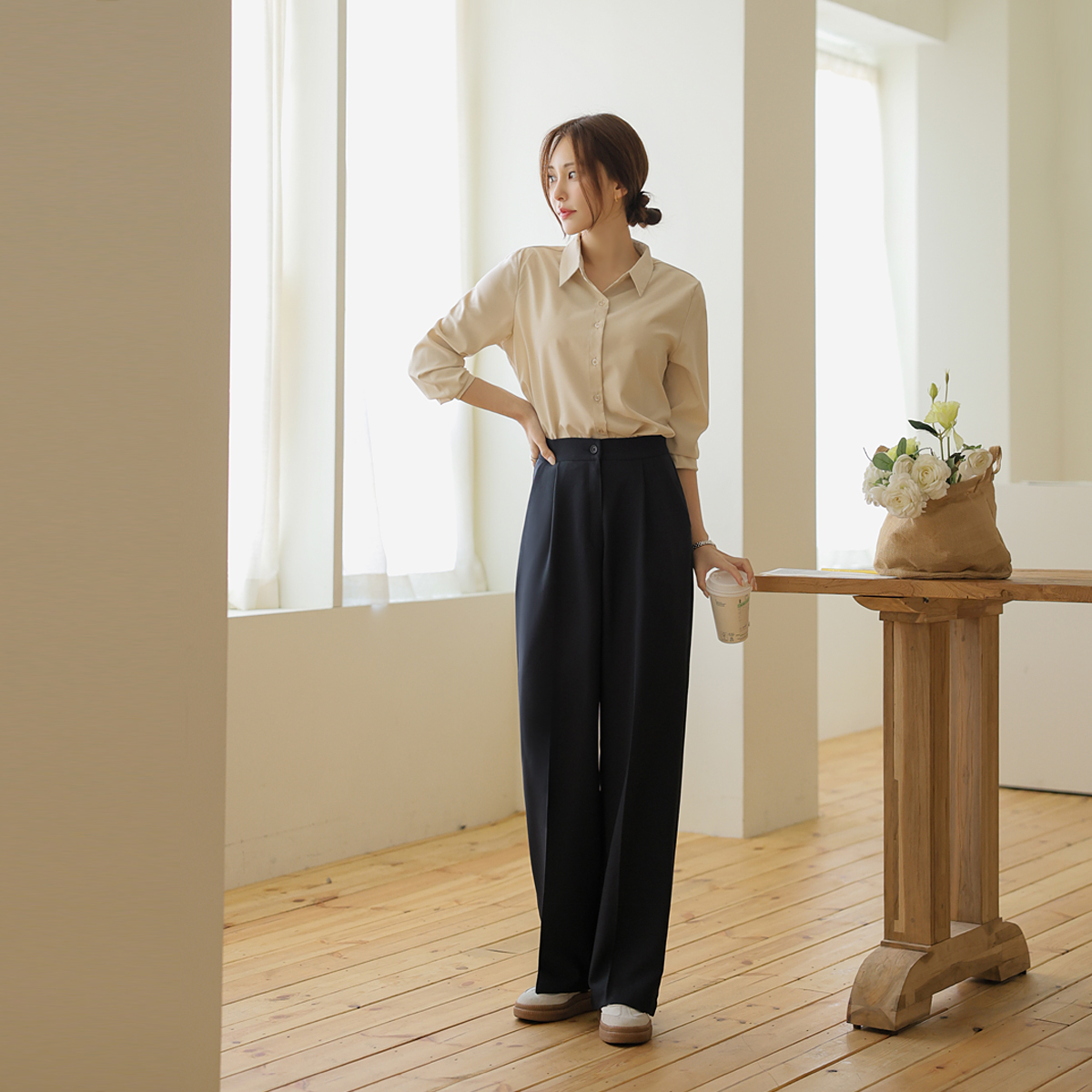 2-Type Pintuck Hidden Elastic Waist Wide Slacks