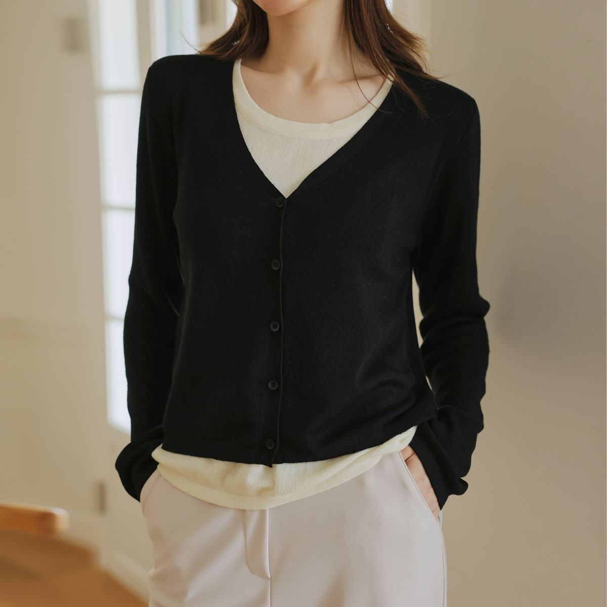 Color-block layered long-sleeve knit