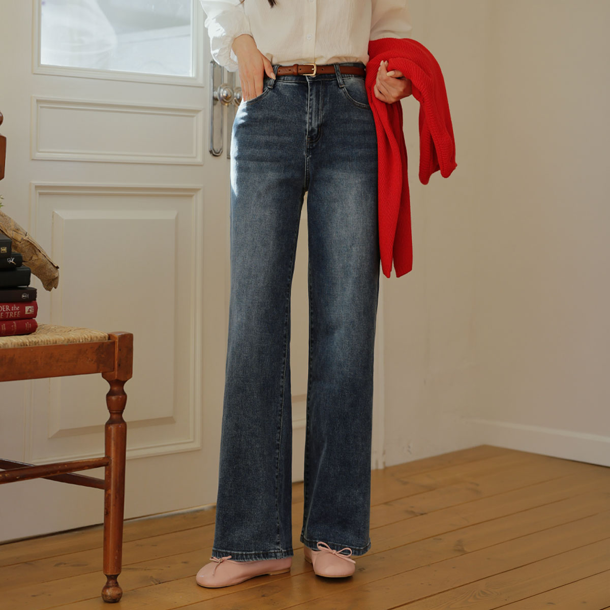 <b>[Hidden Waistband]</b> 2 Types of Jelly Tension Wide Straight Fit Denim