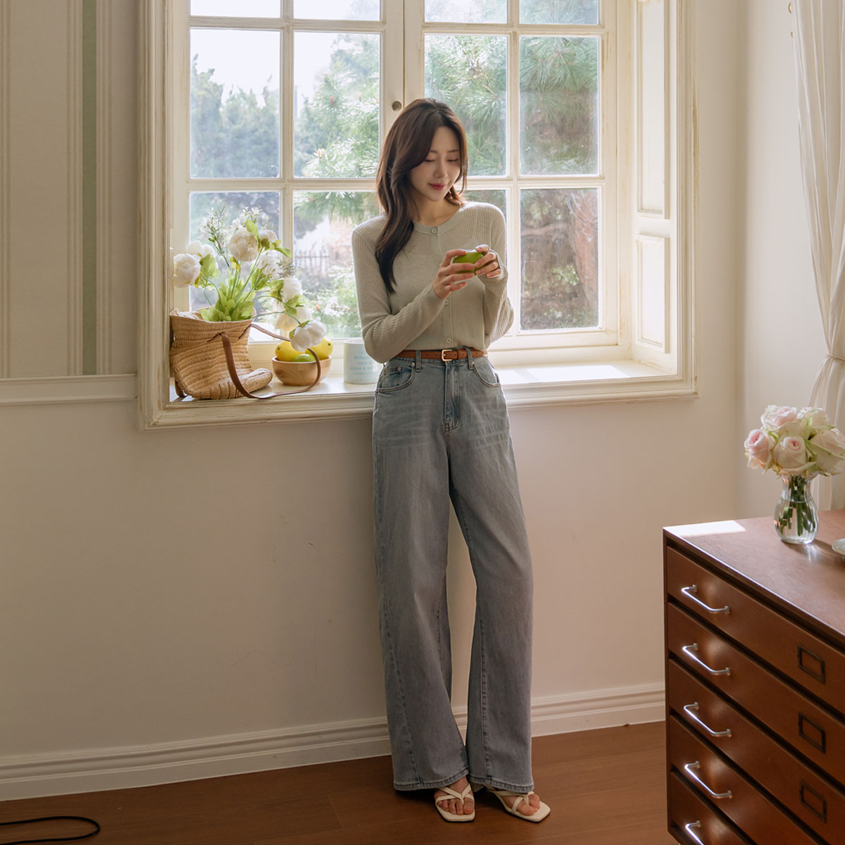 2-type optical illusion diagonal cut wide denim pants