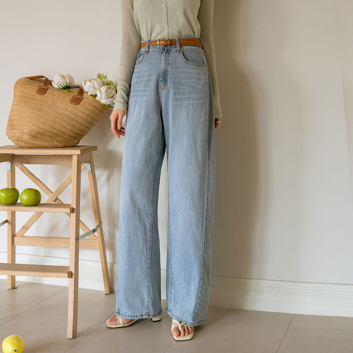 2-type optical illusion diagonal cut wide denim pants