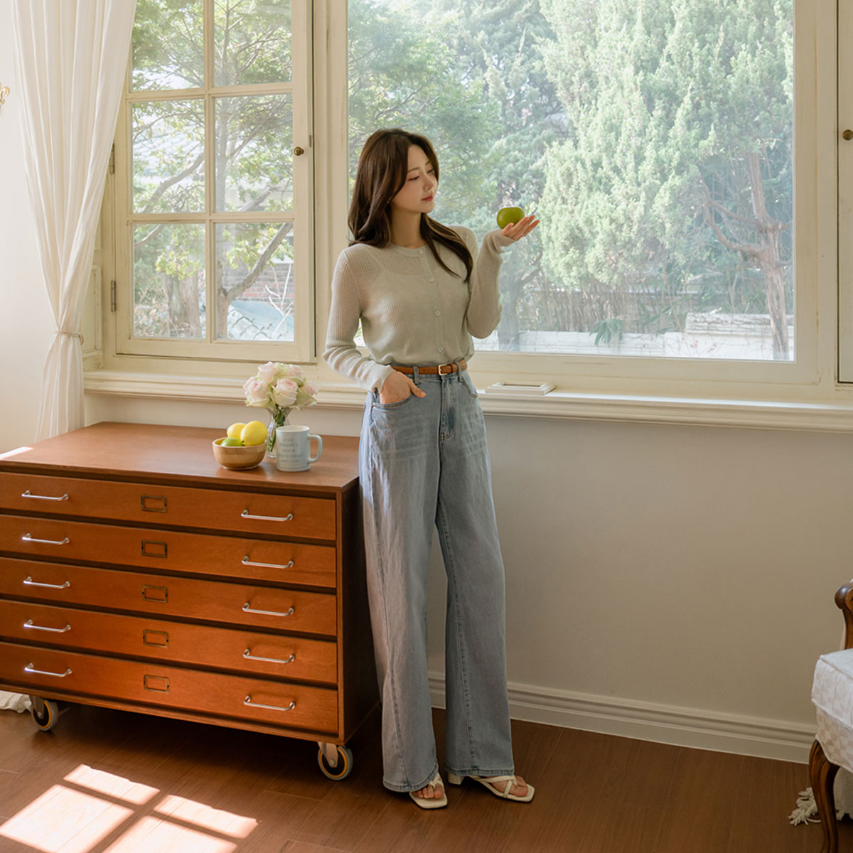 2-type optical illusion diagonal cut wide denim pants