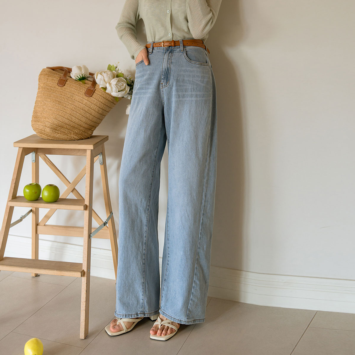 2-type optical illusion diagonal cut wide denim pants