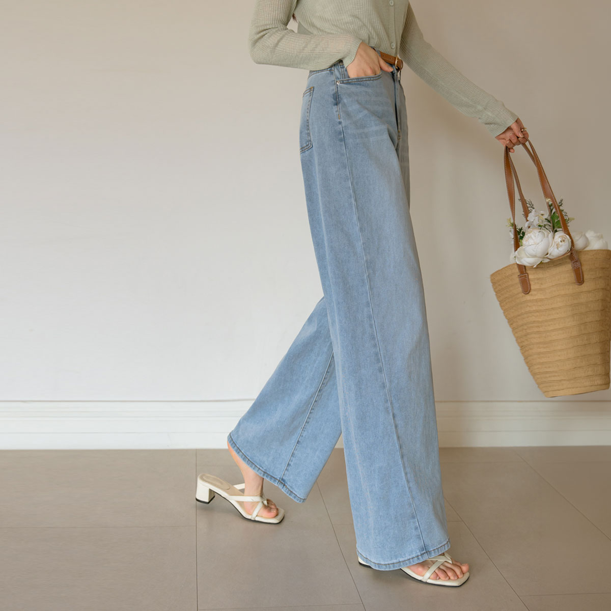 2-type optical illusion diagonal cut wide denim pants