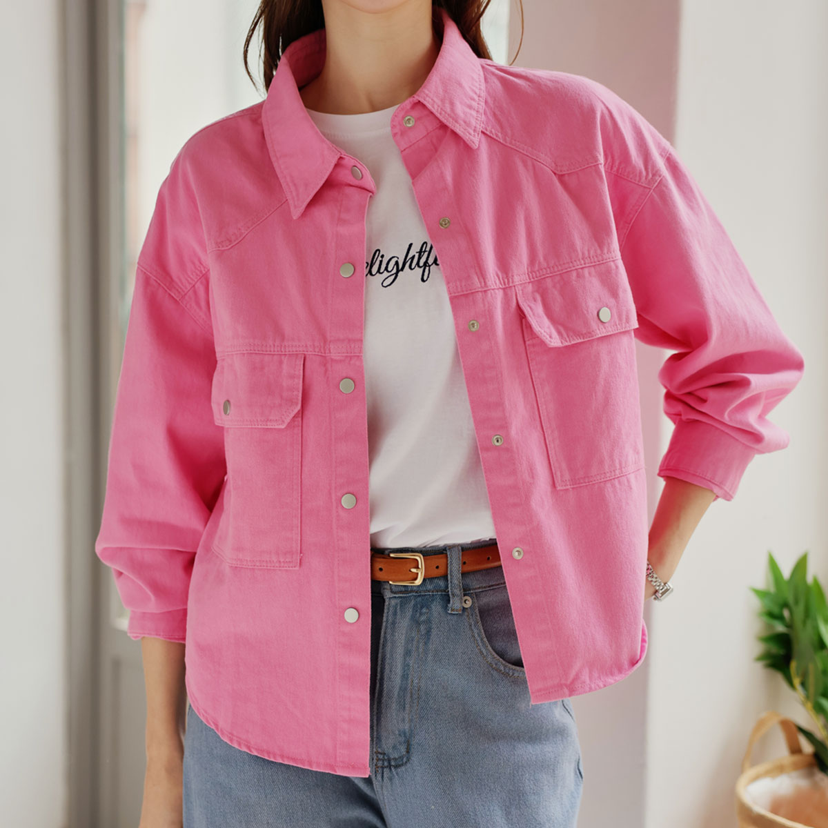 Double pocket snap crop shirt