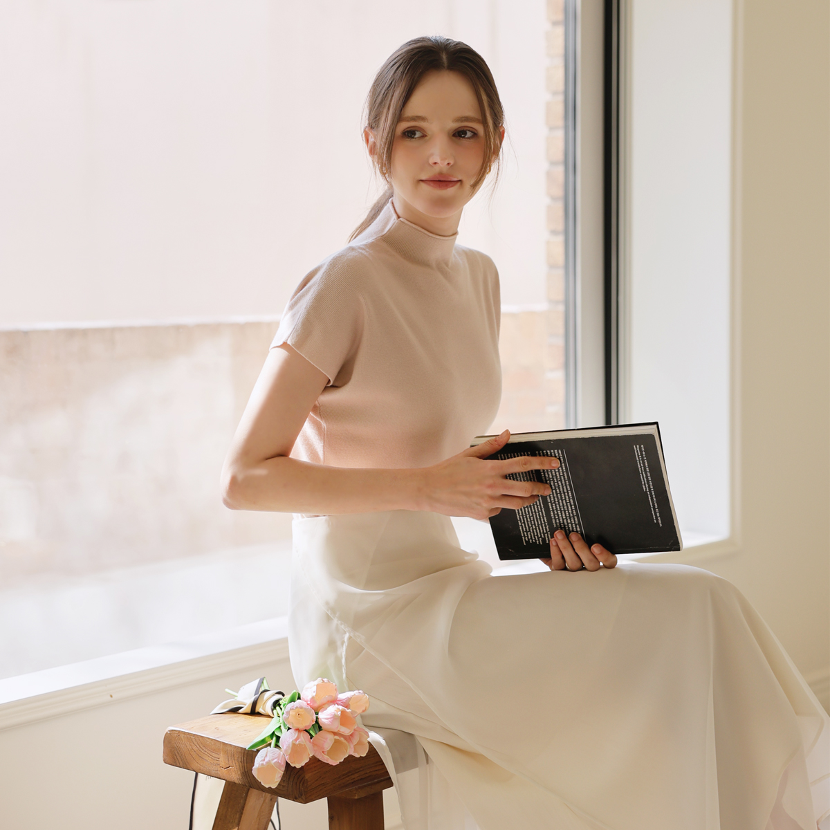 Soft cap-sleeve mock neck knit