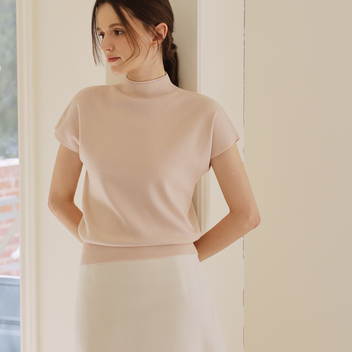 Soft cap-sleeve mock neck knit