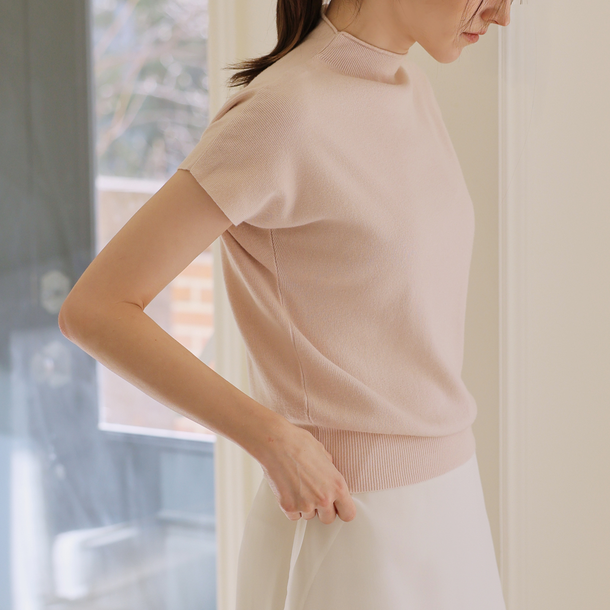 Soft cap-sleeve mock neck knit