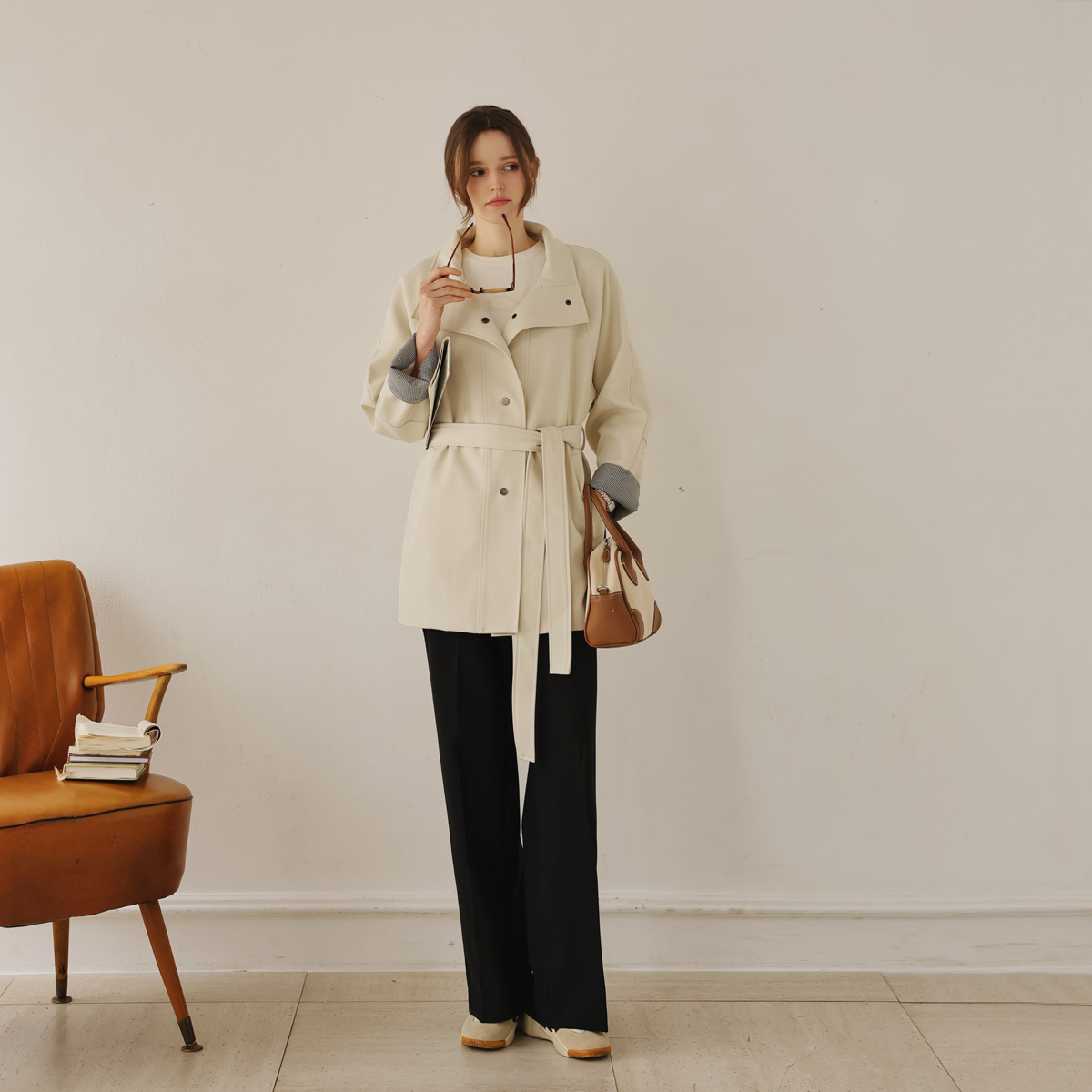 Highneck Check Color Block Loose Fit Jacket