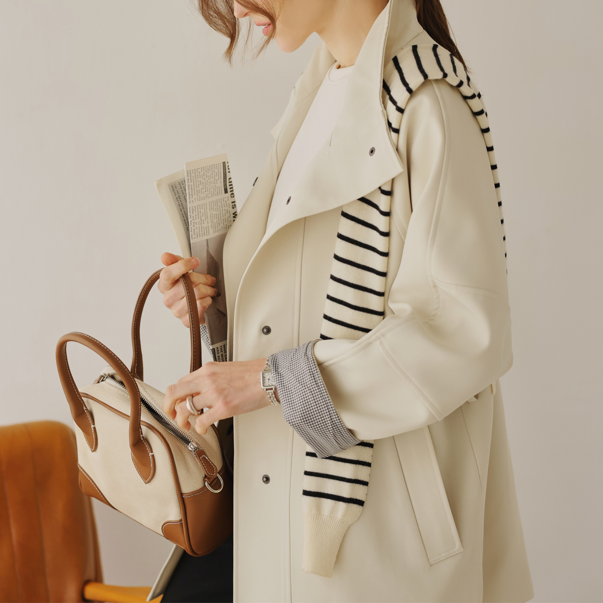 Highneck Check Color Block Loose Fit Jacket